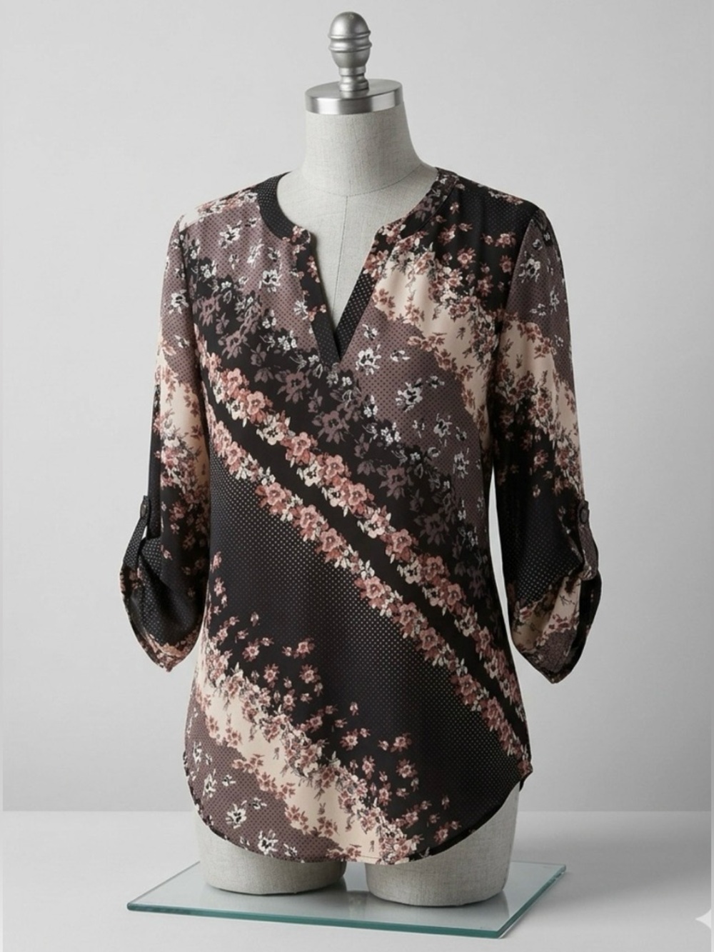 MAURICES Floral & Polka Dot Patchwork Popover Blouse - 1XL